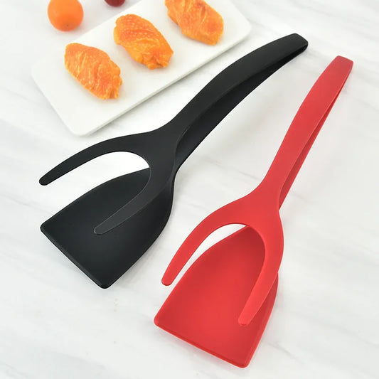 2-in-1 Silicone Grip Tongs and Spatula, Black and Red